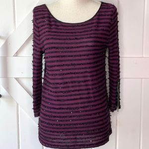 Ann Taylor Purple Striped Sequins 3/4 Sleeve Shirt size medium